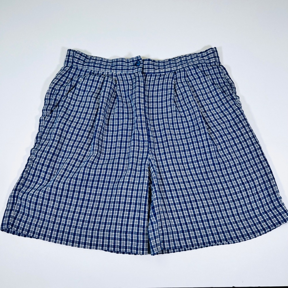 Vintage Casual Corner Plaid Pants Blue White Rayon Blend Pleated Wide Leg